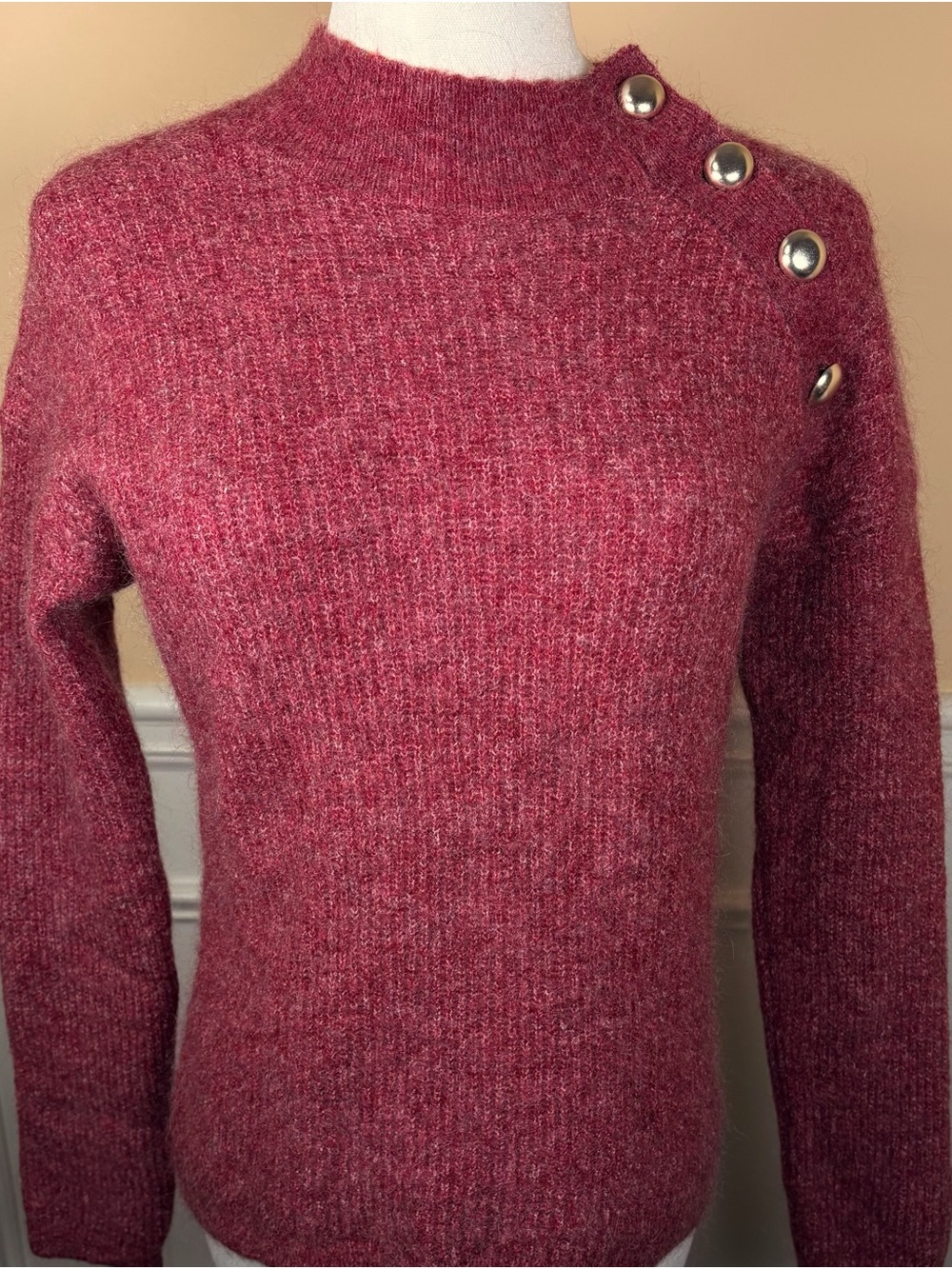 🍷 Sézane La Maille S Heather Berry Burgundy Mohair Sweater Metallic Buttons